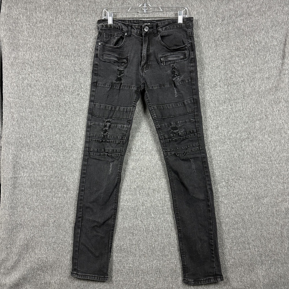 Ops Jeans Mens 32x34 Black Distressed Skinny Moto Biker Zipper Pockets Stretch